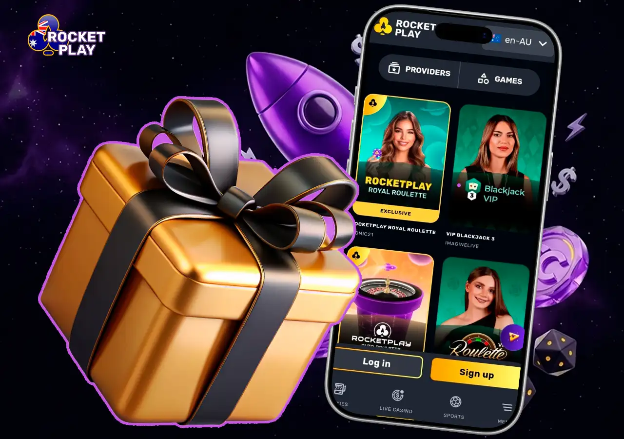 RocketPlay welcome bonus package worth 1,000 AUD and 100 free spins.
